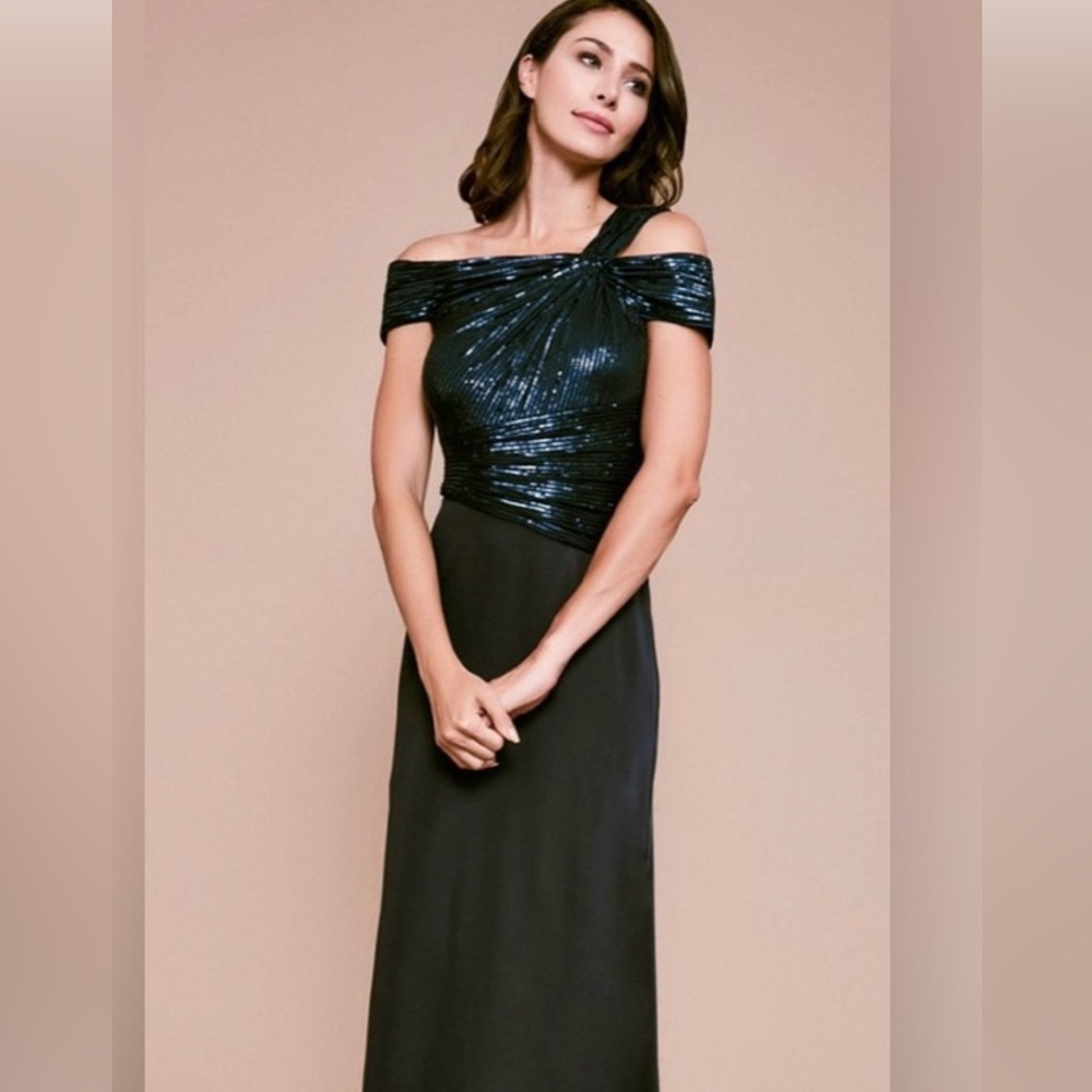 Tadashi Shoji One-Shoulder Navy and Black Sequin Evening Gown